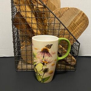 Floral Bird Ceramic Mug with Green Handle